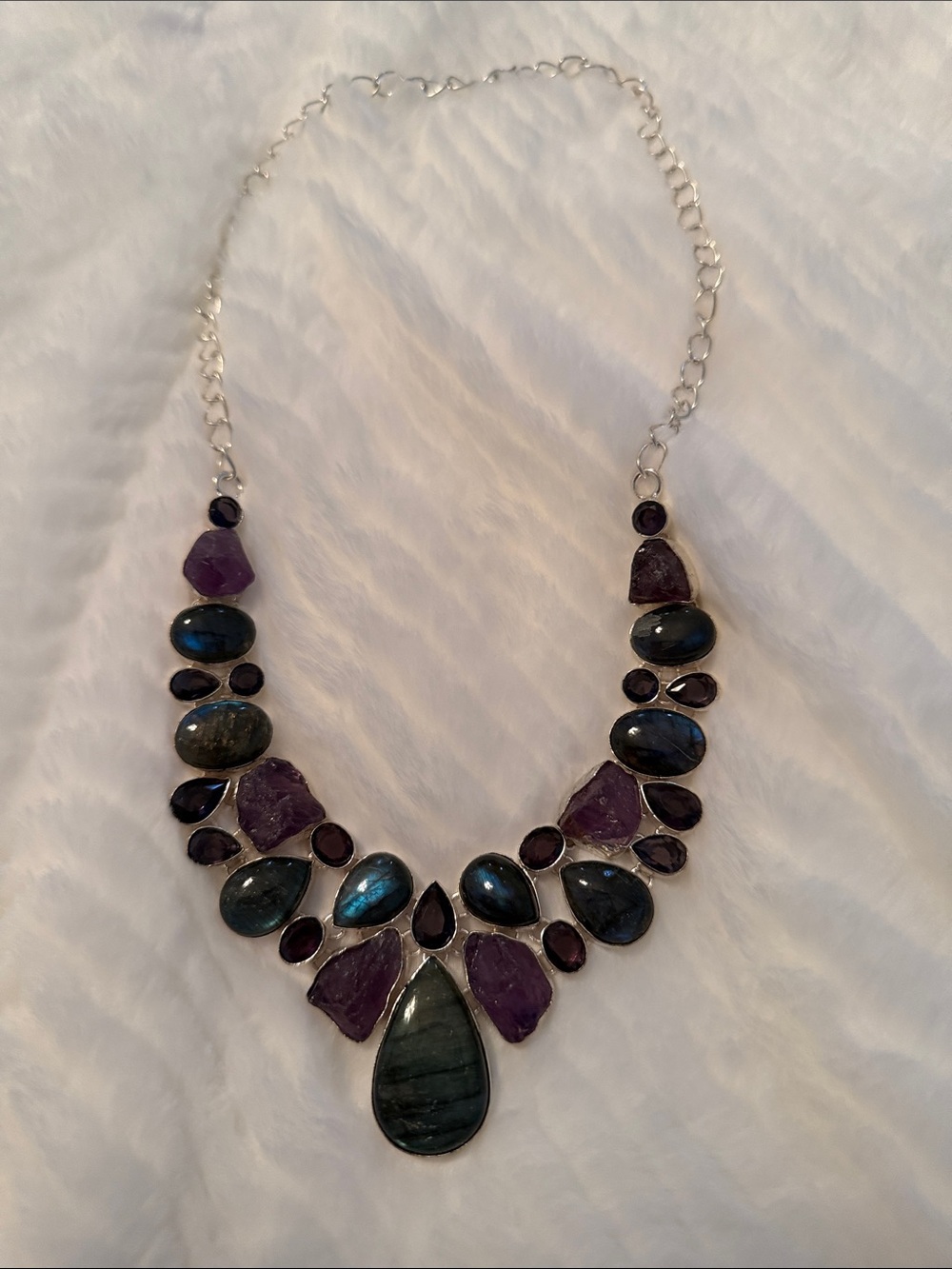 Amethyst & Labradorite Statement Necklace - Purple and Blue Gemstone Bib